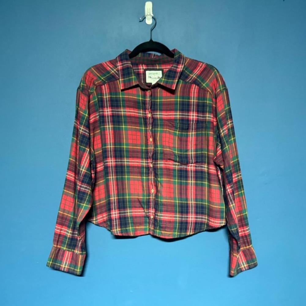 Plaid Cropped Button Down Women's Size Medium American Eagle Red Green‎ Blue